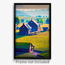 Pixel Art Poster - Sky Blue Farmstead (8 Bit Psychedelic Video Game Print)