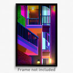 Pixel Art Poster - Nocturnal Balcony (8 Bit Psychedelic Trippy Video Game Print)