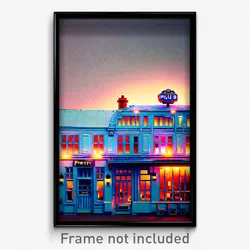 Pixel Art Poster - Light Blue Pub (8 Bit Psychedelic Trippy Video Game Print)
