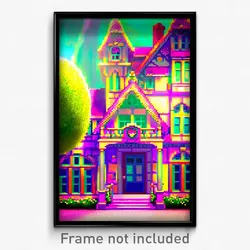 Pixel Art Poster - Flowery Mansion (8 Bit Psychedelic Trippy Video Game Print)
