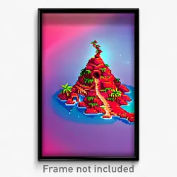 Pixel Art Poster - Red Exotic Island (8 Bit Psychedelic Trippy Video Game Print)