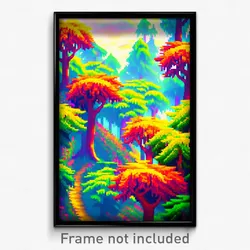 Pixel Art Poster - Multicolored Forest (8 Bit Psychedelic Video Game Print)