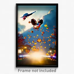 Pixel Art Poster - Flying Thanksgiving (8 Bit Psychedelic Video Game Print)