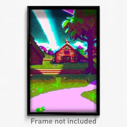 Pixel Art Poster - Glitch Art Farmstead (8 Bit Psychedelic Video Game Print)