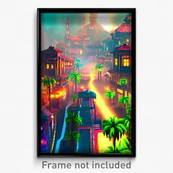 Pixel Art Poster - Digital Exotic Town (8 Bit Psychedelic Video Game Print)