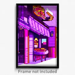 Pixel Art Poster - Purple Pizza Shop (8 Bit Psychedelic Trippy Video Game Print)
