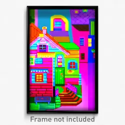 Pixel Art Poster - Colorful House (8 Bit Psychedelic Trippy Video Game Print)