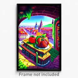 Pixel Art Poster - Fruity European City (8 Bit Psychedelic Video Game Print)
