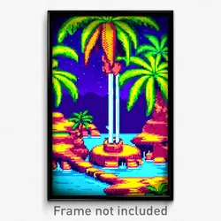 Pixel Art Poster - Nocturnal Exotic Island (8 Bit Psychedelic Video Game Print)
