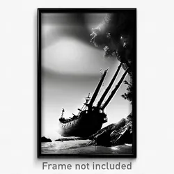 Pixel Art Poster - Black And White Shipwreck (8 Bit Video Game Print)