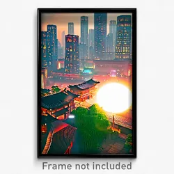 Pixel Art Poster - Virtual Chinese City (8 Bit Psychedelic Video Game Print)