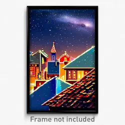Pixel Art Poster - Starry Rooftops (8 Bit Psychedelic Trippy Video Game Print)