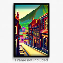 Pixel Art Poster - Elegant Small Town (8 Bit Psychedelic Video Game Print)