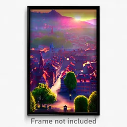 Pixel Art Poster - Enchanted European City (8 Bit Psychedelic Video Game Print)