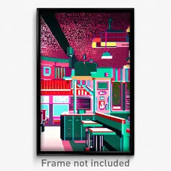 Pixel Art Poster - Urban 50'S Diner (8 Bit Psychedelic Trippy Video Game Print)