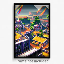 Pixel Art Poster - Silver Exotic Town (8 Bit Psychedelic Video Game Print)
