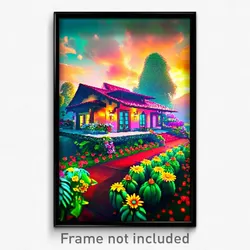Pixel Art Poster - Flowery Villa (8 Bit Psychedelic Trippy Video Game Print)