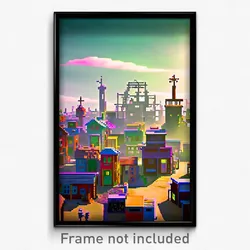 Pixel Art Poster - Quirky Shantytown (8 Bit Psychedelic Trippy Video Game Print)