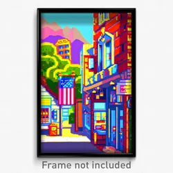 Pixel Art Poster - Artistic American Town (8 Bit Psychedelic Video Game Print)