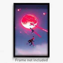 Pixel Art Poster - Red Moon Battle (8 Bit Psychedelic Trippy Video Game Print)
