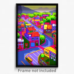 Pixel Art Poster - Tidy Small Town (8 Bit Psychedelic Trippy Video Game Print)
