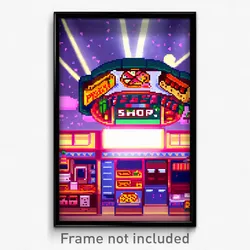 Pixel Art Poster - Flying Pizza Shop (8 Bit Psychedelic Trippy Video Game Print)