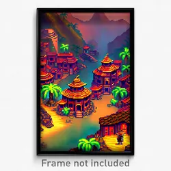 Pixel Art Poster - Bronze Exotic Town (8 Bit Psychedelic Video Game Print)