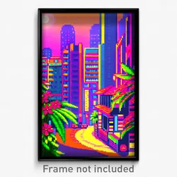Pixel Art Poster - Flowery Exotic City (8 Bit Psychedelic Video Game Print)