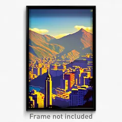 Pixel Art Poster - Mountainous City (8 Bit Psychedelic Trippy Video Game Print)