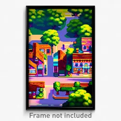 Pixel Art Poster - Lovely Small Town (8 Bit Psychedelic Trippy Video Game Print)