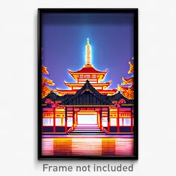 Pixel Art Poster - Orange Pagoda (8 Bit Psychedelic Trippy Video Game Print)