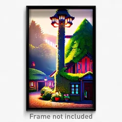 Pixel Art Poster - Stunning Cottage (8 Bit Psychedelic Trippy Video Game Print)