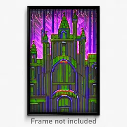 Pixel Art Poster - Wire Frame Glitchy Castle (8 Bit Video Game Print)