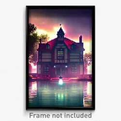Pixel Art Poster - Watery Manor (8 Bit Psychedelic Trippy Video Game Print)