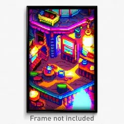 Pixel Art Poster - Colorful Tavern (8 Bit Psychedelic Trippy Video Game Print)