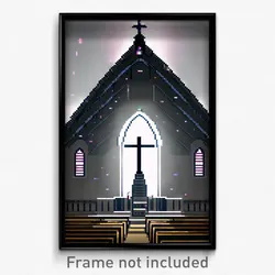 Pixel Art Poster - Black Church (8 Bit Psychedelic Trippy Video Game Print)