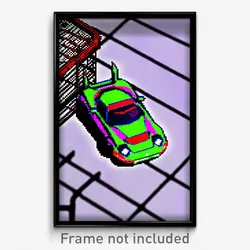 Pixel Art Poster - Wire Frame Racecar (8 Bit Psychedelic Video Game Print)