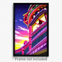 Pixel Art Poster - Showy Anime Architecture (8 Bit Psychedelic Video Game Print)