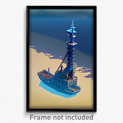 Pixel Art Poster - Blue Sea Wreck (8 Bit Psychedelic Trippy Video Game Print)