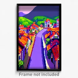Pixel Art Poster - Advanced Small Town (8 Bit Psychedelic Video Game Print)