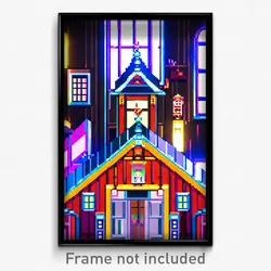 Pixel Art Poster - Small Anime Architecture (8 Bit Psychedelic Video Game Print)