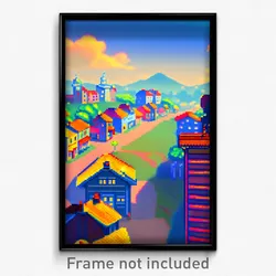 Pixel Art Poster - Sky Blue Small Town (8 Bit Psychedelic Video Game Print)