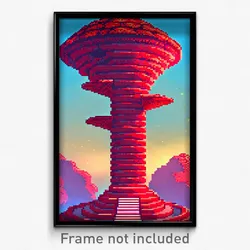 Pixel Art Poster - Red Ziggurat (8 Bit Psychedelic Trippy Video Game Print)