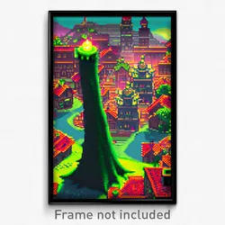 Pixel Art Poster - Monstrous Town (8 Bit Psychedelic Trippy Video Game Print)