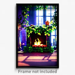Pixel Art Poster - Leafy Fireplace (8 Bit Psychedelic Trippy Video Game Print)