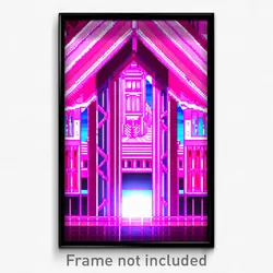 Pixel Art Poster - Pink Anime Architecture (8 Bit Psychedelic Video Game Print)