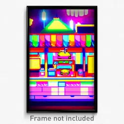 Pixel Art Poster - Colorful Burger Stand (8 Bit Psychedelic Video Game Print)