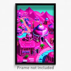 Pixel Art Poster - Pink Exotic Town (8 Bit Psychedelic Trippy Video Game Print)