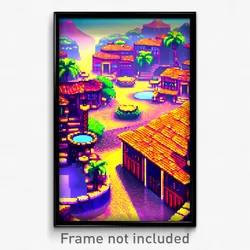 Pixel Art Poster - Coarse Exotic Town (8 Bit Psychedelic Video Game Print)