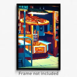 Pixel Art Poster - Orange Pizza Shop (8 Bit Psychedelic Trippy Video Game Print)